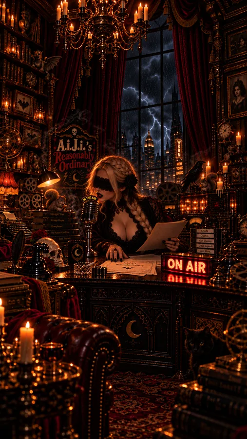 Gothic late-night radio show with a vintage microphone